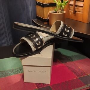 Ivanka Trump Arina Sandals Leather Colorblock Black White Silver Slip On 7.5 NEW